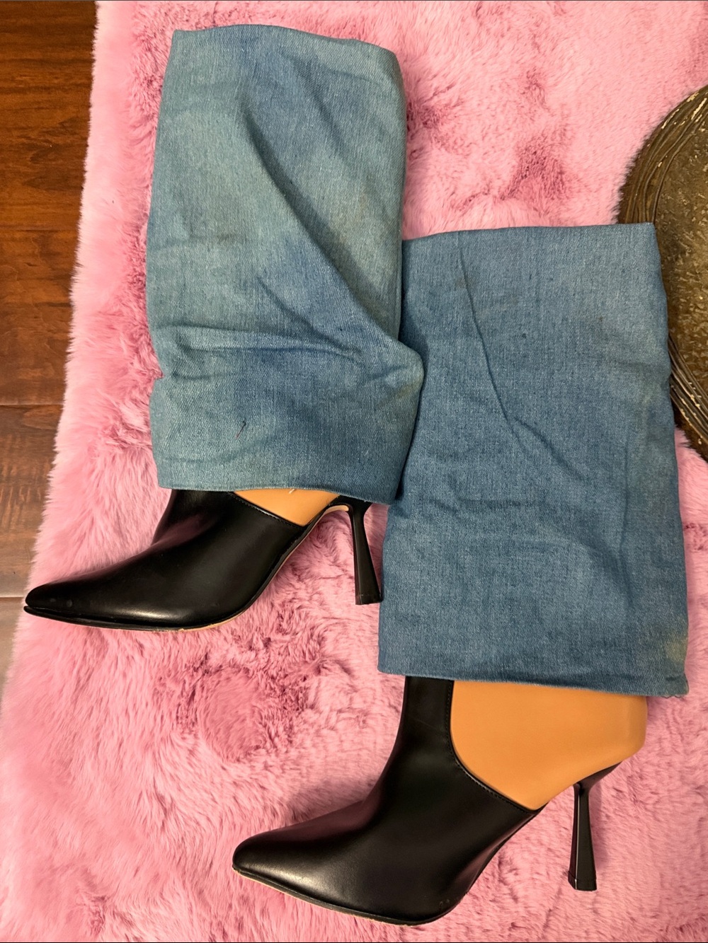 Unique boot with slouch denim- black and tan heel with denim